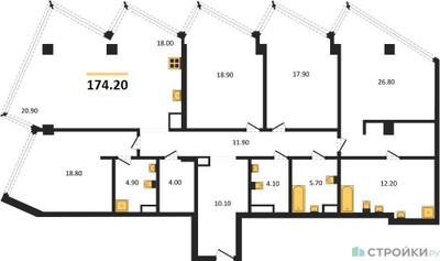 Планировка 4+ комнатной(квартира) площадью 174.2 квадратных метров в ЖК “ЖК Монблан”