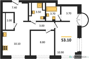 Планировка двухкомнатной(квартира) площадью 53.1 квадратных метров в ЖК “ЖК Новые смыслы”