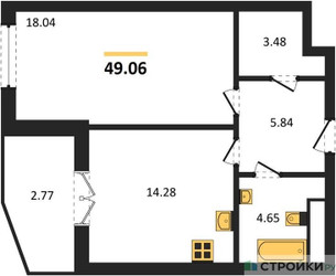 Планировка однокомнатной(квартира) площадью 49.06 квадратных метров в ЖК “ЖК Sezar City (Сезар Сити)”