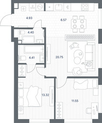 Планировка двухкомнатной(квартира) площадью 65.93 квадратных метров в ЖК “ЖК TATE (Тэйт)”