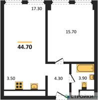 Планировка однокомнатной(апартаменты) площадью 44.7 квадратных метров в “ЖК Emotion (Эмоушен)”