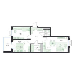 Планировка трехкомнатной(квартира) площадью 69.6 квадратных метров в ЖК “ЖК G3 Михалевич”