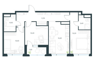 Планировка трехкомнатной(квартира) площадью 64.9 квадратных метров в ЖК “ЖК Level Лесной”
