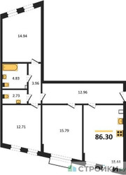 Планировка трехкомнатной(квартира) площадью 86.3 квадратных метров в ЖК “ЖК Эльйон”