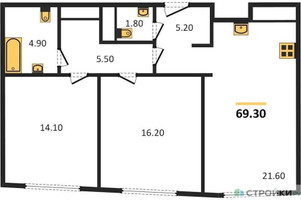 Планировка двухкомнатной(квартира) площадью 68.8 квадратных метров в “ЖК Дом Chkalov”