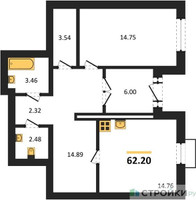 Планировка однокомнатной(квартира) площадью 62.2 квадратных метров в “ЖК Жаворонки Клаб”