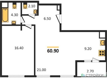 Планировка однокомнатной(квартира) площадью 60.9 квадратных метров в ЖК “ЖК Sydney City (Сидней Сити)”