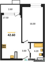 Планировка однокомнатной(квартира) площадью 42.6 квадратных метров в “ЖК Прокшино”