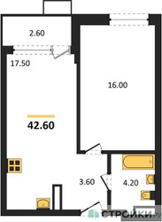 Планировка однокомнатной(квартира) площадью 42.6 квадратных метров в ЖК “ЖК Прокшино”