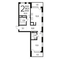 Планировка двухкомнатной(квартира) площадью 57.4 квадратных метров в “Новые Ватутинки. Заречный”