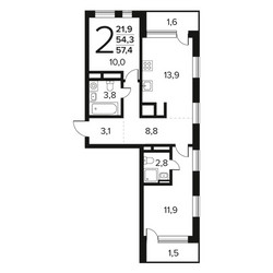Планировка двухкомнатной(квартира) площадью 57.4 квадратных метров в ЖК “Новые Ватутинки. Заречный”