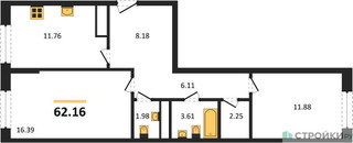 Планировка двухкомнатной(квартира) площадью 62.16 квадратных метров в “ЖК Дюна”