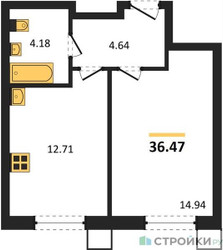 Планировка однокомнатной(квартира) площадью 36.47 квадратных метров в ЖК “ЖК Бархат”