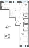 Планировка трехкомнатной(квартира) площадью 77.9 квадратных метров в “ЖК КИНОКВАРТАЛ”