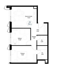 Планировка двухкомнатной(квартира) площадью 56.4 квадратных метров в ЖК “ЖК Метрополия”