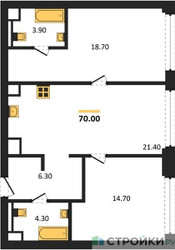 Планировка двухкомнатной(квартира) площадью 70 квадратных метров в ЖК “ЖК СТОУН Грэйн”