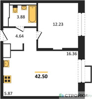 Планировка однокомнатной(квартира) площадью 42.5 квадратных метров в “ЖК Пригород Лесное”