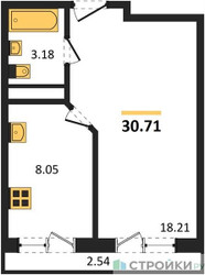 Планировка однокомнатной(квартира) площадью 30.8 квадратных метров в ЖК “ЖК Южная Долина”