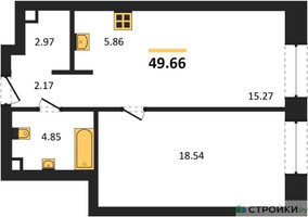 Планировка однокомнатной(квартира) площадью 49.66 квадратных метров в “ЖК SOLOS (Солос)”