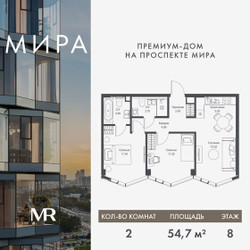 Планировка двухкомнатной(квартира) площадью 54.69 квадратных метров в ЖК “Дом премиум-класса МИРА”