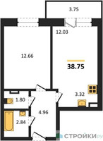 Планировка однокомнатной(квартира) площадью 38.75 квадратных метров в “Зеленый Оазис - Город”