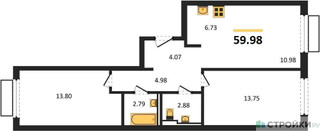 Планировка двухкомнатной(квартира) площадью 59.98 квадратных метров в ЖК “ЖК Пригород Лесное”