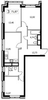 Планировка трехкомнатной(квартира) площадью 71.87 квадратных метров в “ЖК Городские Истории”