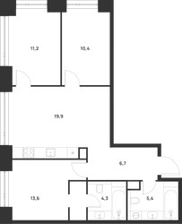 Планировка трехкомнатной(квартира) площадью 71.5 квадратных метров в ЖК “ЖК Войс”