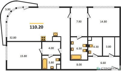 Планировка двухкомнатной(квартира) площадью 110.2 квадратных метров в ЖК “ЖК Лаврушинский”
