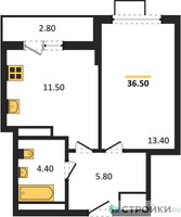 Планировка однокомнатной(квартира) площадью 36.4 квадратных метров в “ЖК Бунинские кварталы”