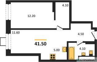 Планировка однокомнатной(квартира) площадью 41.5 квадратных метров в “ЖК Новые смыслы”