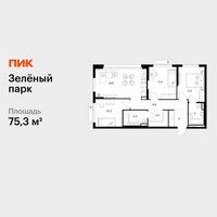 Планировка трехкомнатной(квартира) площадью 75.3 квадратных метров в “ЖК Зеленый парк”