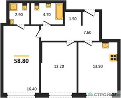 Планировка двухкомнатной(квартира) площадью 58.8 квадратных метров в “ЖК Сиреневый парк”