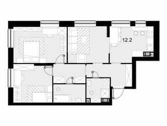 Планировка трехкомнатной(квартира) площадью 76 квадратных метров в ЖК “ЖК Трилогия Кристалл”