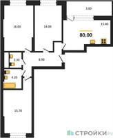 Планировка трехкомнатной(квартира) площадью 80 квадратных метров в “ЖК Рассказово”