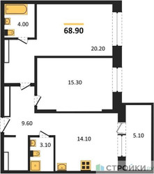 Планировка двухкомнатной(квартира) площадью 68.9 квадратных метров в ЖК “ЖК Sydney City (Сидней Сити)”