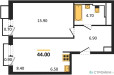 Планировка однокомнатной(квартира) площадью 44.28 квадратных метров в “ЖК Sky Sputnik (Скай Спутник)”