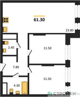 Планировка двухкомнатной(квартира) площадью 61.3 квадратных метров в “ЖК Первый Московский”
