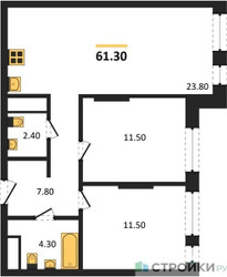 Планировка двухкомнатной(квартира) площадью 61.3 квадратных метров в ЖК “ЖК Первый Московский”