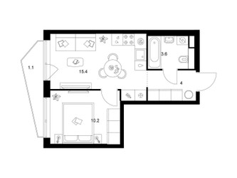 Планировка однокомнатной(квартира) площадью 34.3 квадратных метров в ЖК “ЖК Строгино 360”