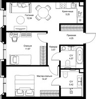 Планировка двухкомнатной(квартира) площадью 62.24 квадратных метров в “Дом премиум-класса МИРА”