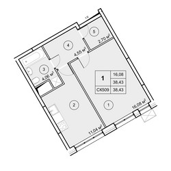 Планировка однокомнатной(квартира) площадью 38.43 квадратных метров в ЖК “ЖК Экоград Новый Катуар”