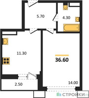 Планировка однокомнатной(квартира) площадью 36.6 квадратных метров в “ЖК Родные кварталы”