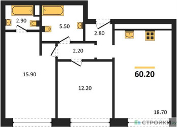 Планировка двухкомнатной(квартира) площадью 60.2 квадратных метров в ЖК “ЖК Wave (Вейв)”