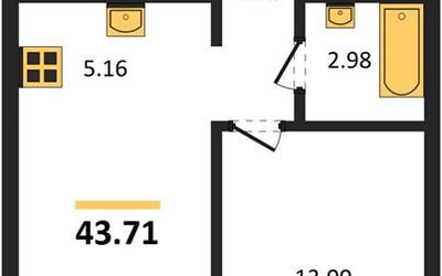 Планировка однокомнатной(квартира) площадью 43.71 квадратных метров в ЖК “ЖК Квартал Авиаторов”