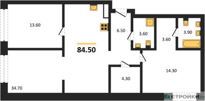 Планировка двухкомнатной(квартира) площадью 84.5 квадратных метров в ЖК “ЖК Дом А”