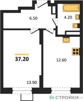 Планировка однокомнатной(квартира) площадью 37.2 квадратных метров в “ЖК ОБЛАКА-2”