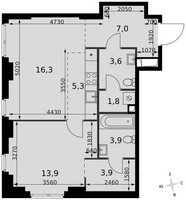 Планировка двухкомнатной(квартира) площадью 55.7 квадратных метров в “ЖК Сидней Сити”