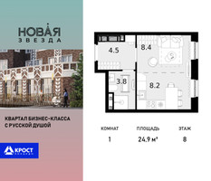Планировка однокомнатной(квартира) площадью 24.9 квадратных метров в “ЖК Новая Звезда (Газопровод)”