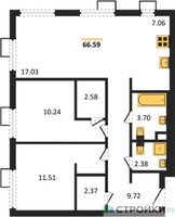 Планировка двухкомнатной(квартира) площадью 66.59 квадратных метров в “ЖК N’ICE LOFT (Найс Лофт)”